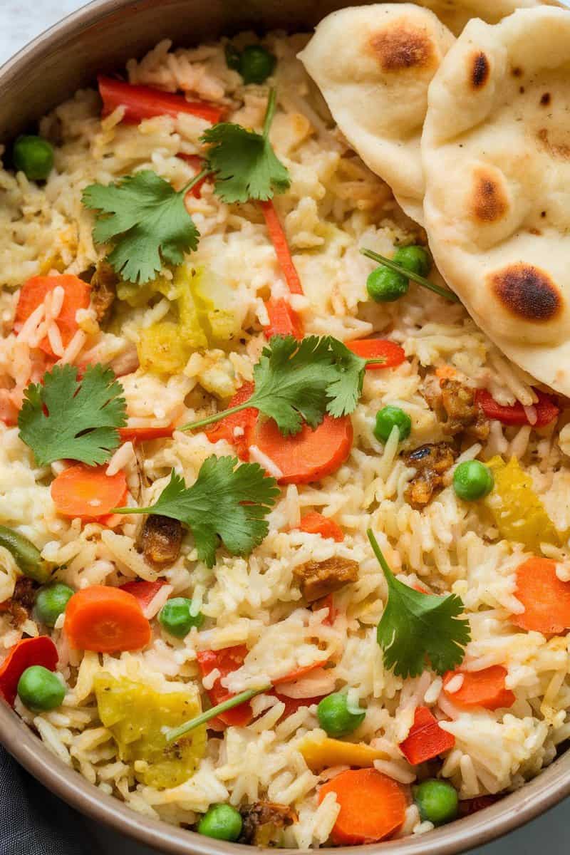 A colorful Coconut Curry Rice Bake with vegetables and garnished with cilantro.