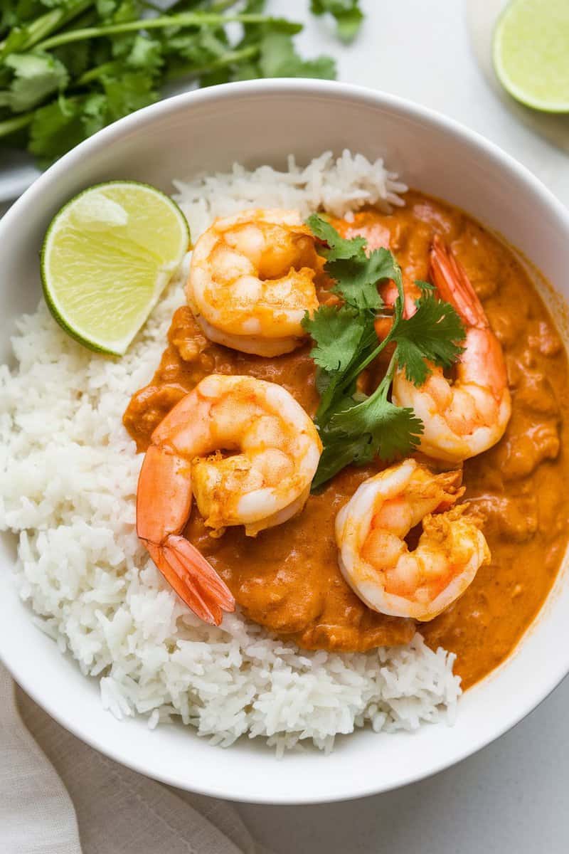 A bowl of Coconut Curry Shrimp with Rice, garnished with lime and cilantro.