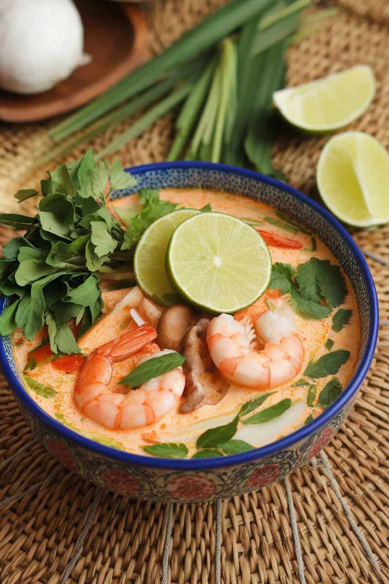 A bowl of Coconut Curry Tom Yum Soup with shrimp, herbs, and lime.