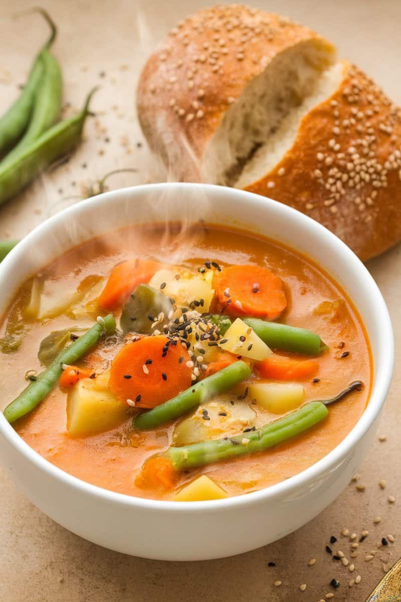 A steaming bowl of coconut curry vegetable soup with carrots, green beans, and potatoes, alongside a crusty bread roll.