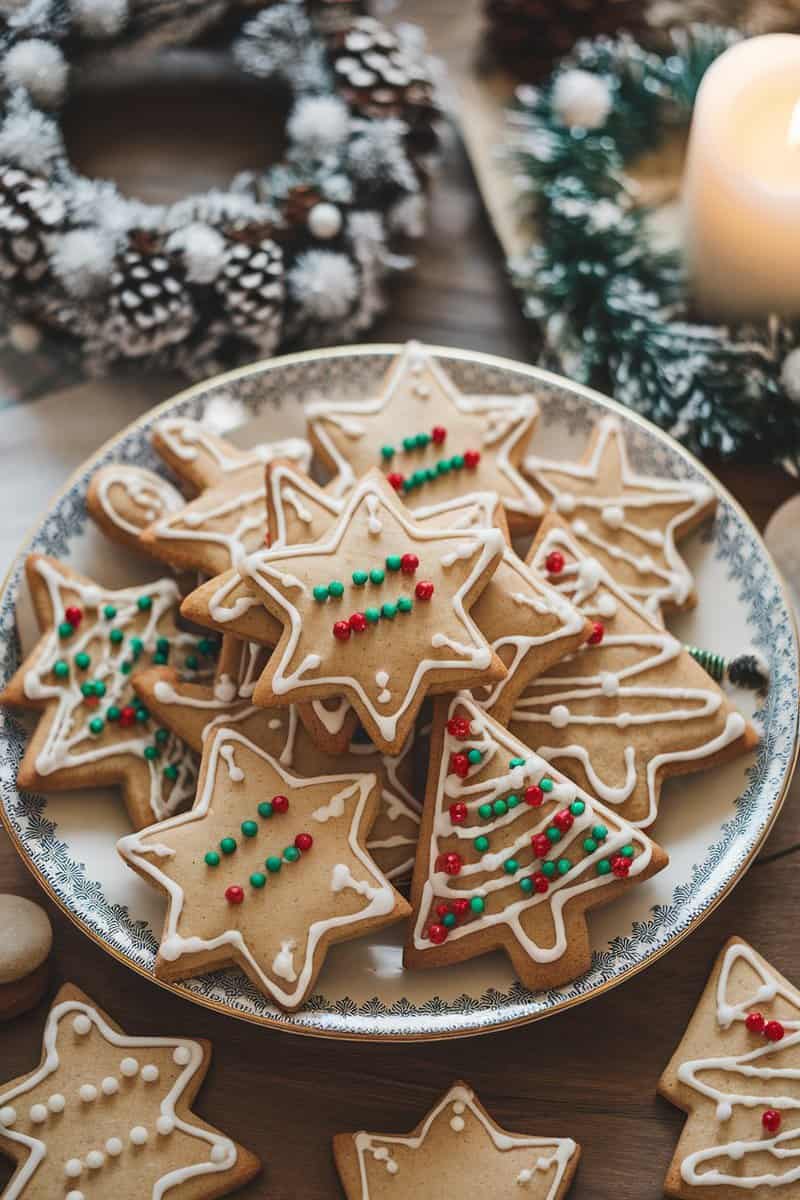 Gingerbread cookies in festive shapes with icing decoration on a plate