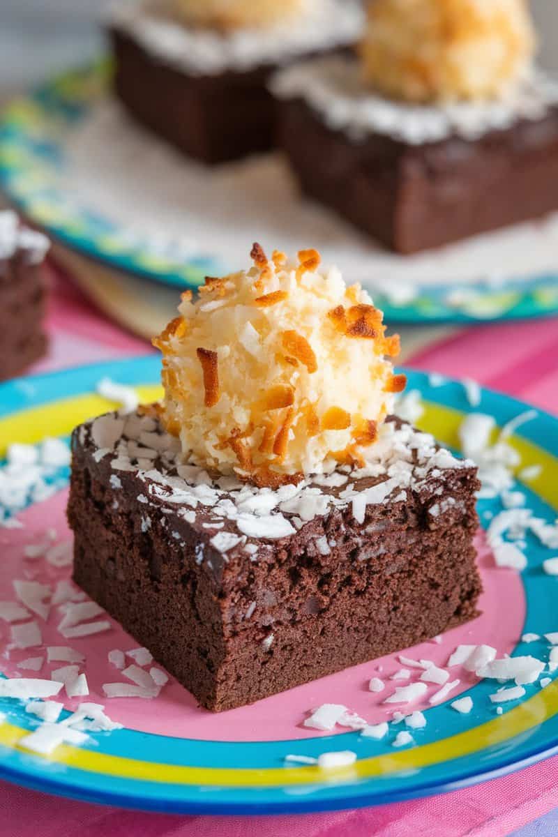 A close-up of Coconut Macaroon Brownies with a golden macaroon on top