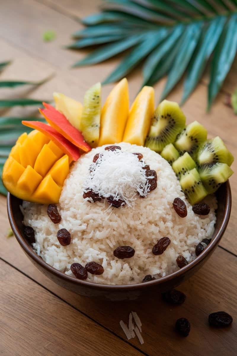 A bowl of coconut rice with raisins topped with fresh fruits.