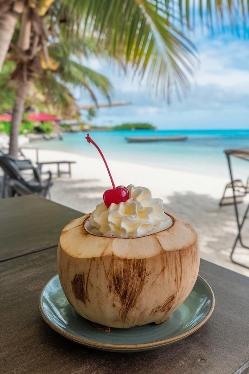 A refreshing Coconut Sota Splash served in a coconut shell, topped with whipped cream and a cherry.