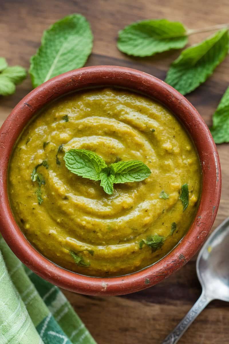 A bowl of vibrant green coriander and mint tomato chutney garnished with mint leaves.