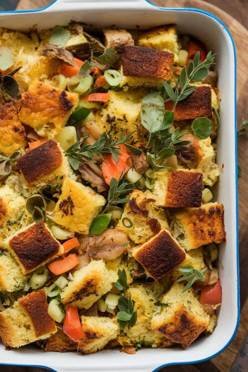 A baking dish filled with cornbread and herb stuffing, featuring golden crust, colorful vegetables, and fresh herbs.