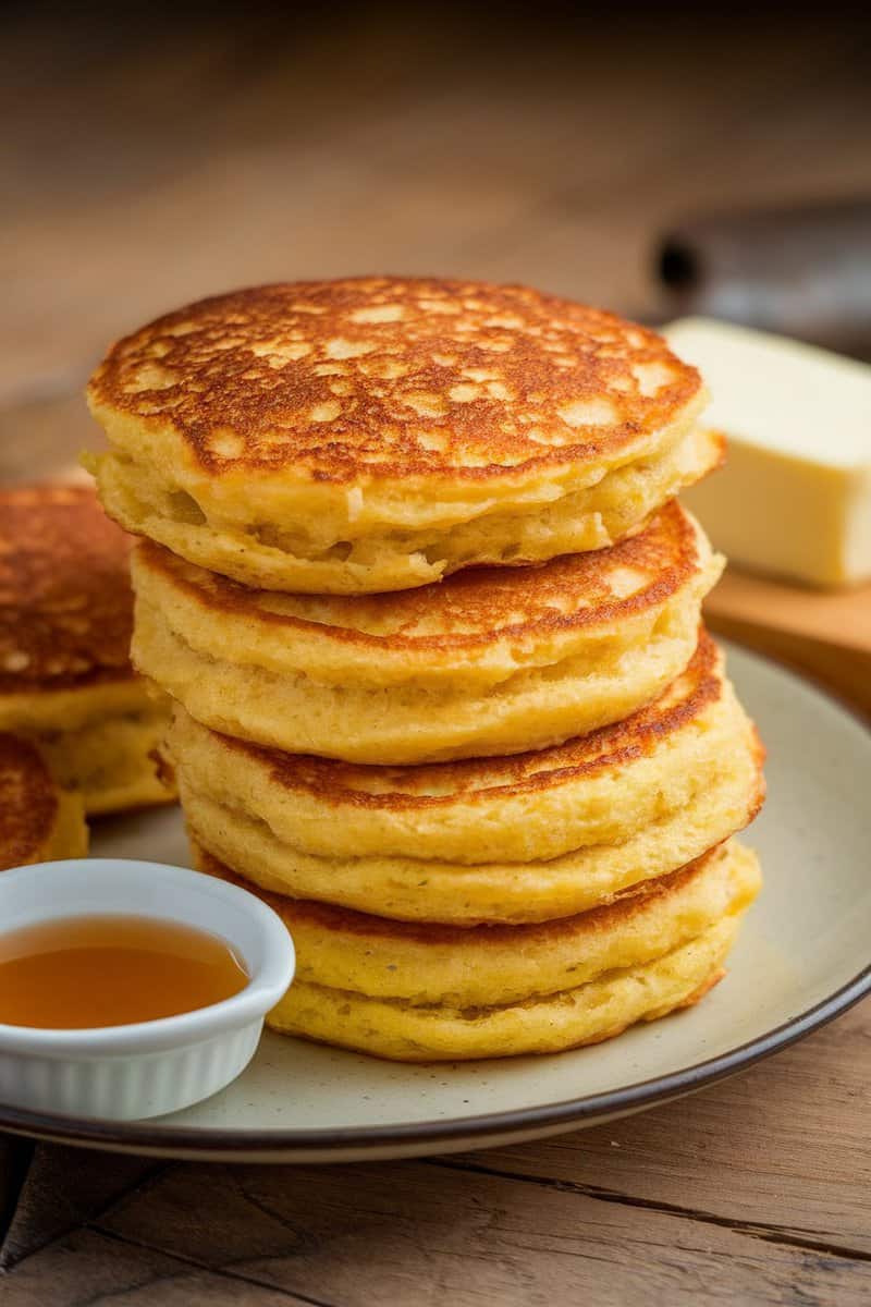 Golden cornmeal pancakes stacked, with a small bowl of syrup and butter on the side.