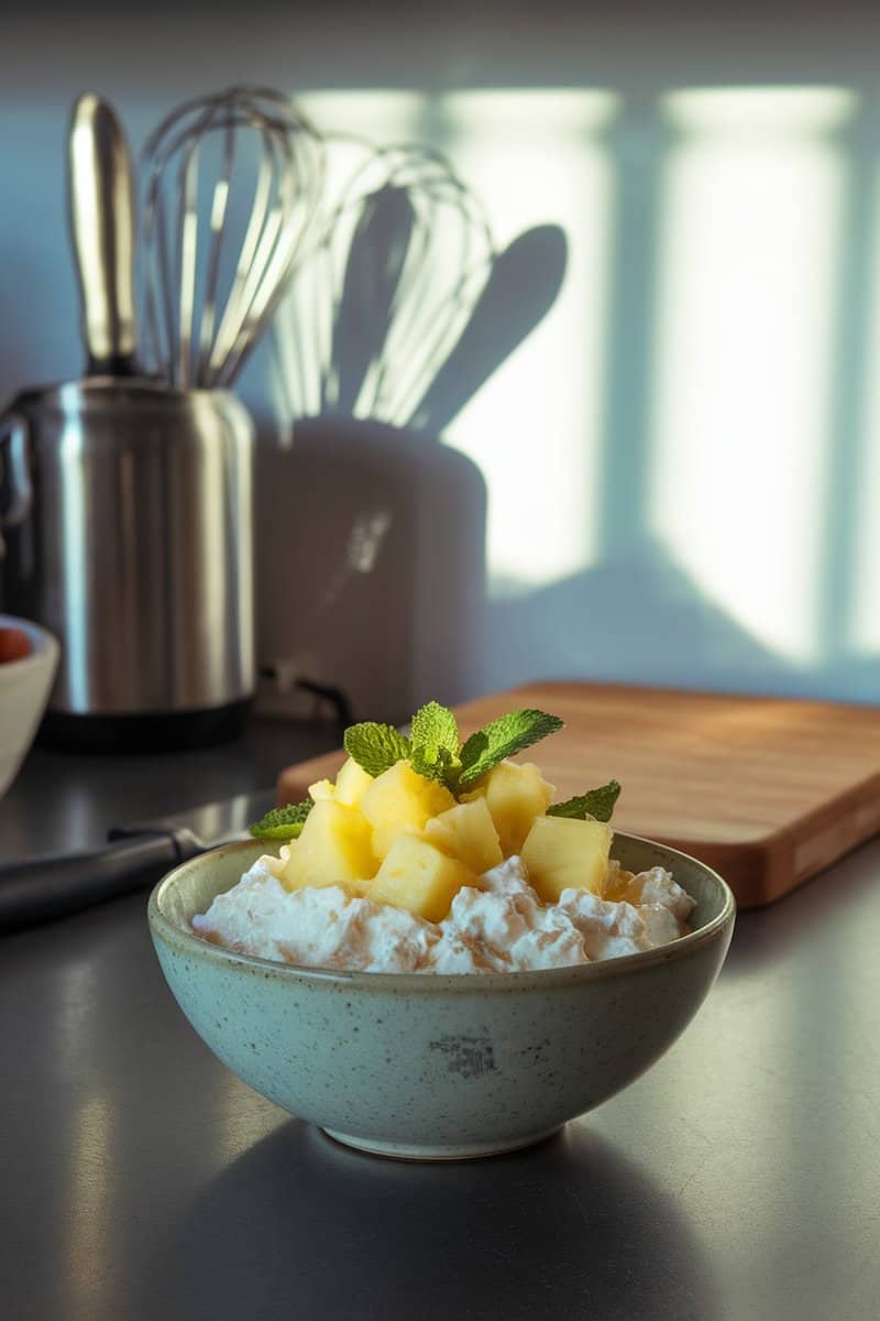 Bowl of cottage cheese topped with pineapple and mint leaves