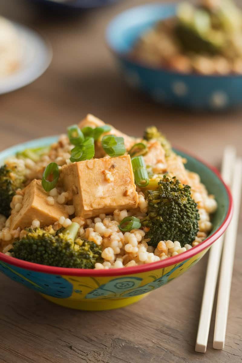 A colorful bowl of couscous stir-fry with tofu and broccoli, garnished with green onions.