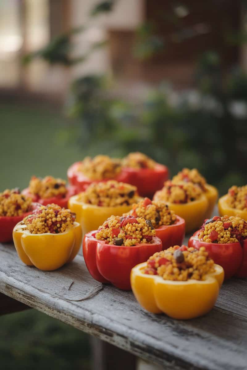 Couscous stuffed bell peppers on a wooden table