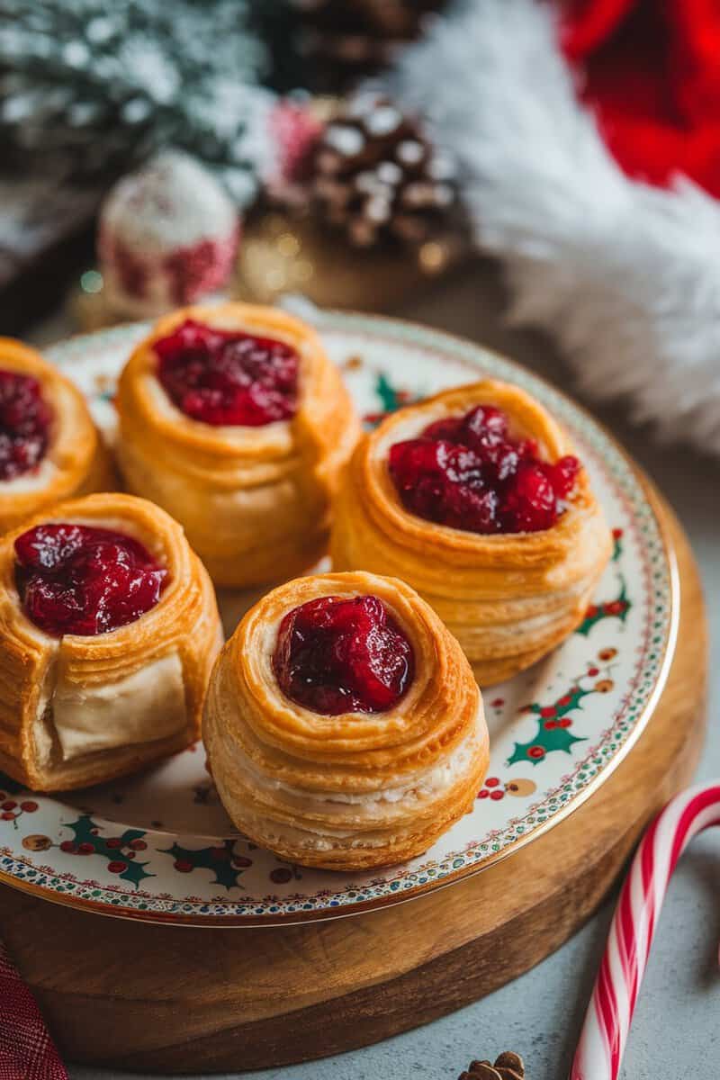 Cranberry Brie Bites on a festive plate