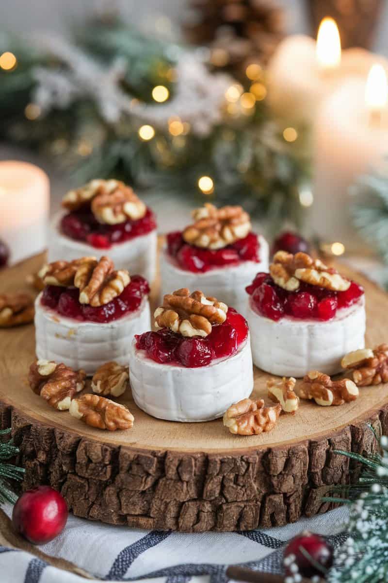 Cranberry Brie Bites topped with walnuts on a wooden platter