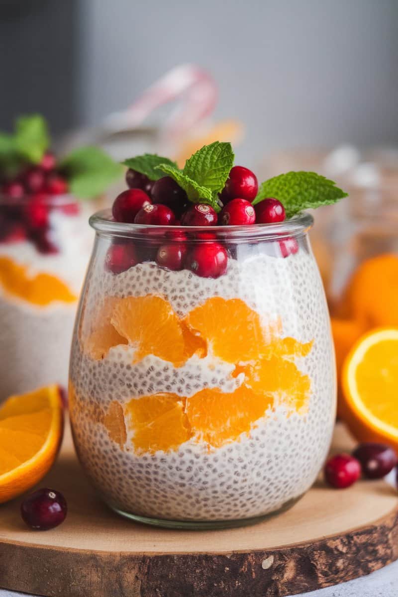 A delicious bowl of cranberry orange chia pudding topped with fresh cranberries and mint leaves.