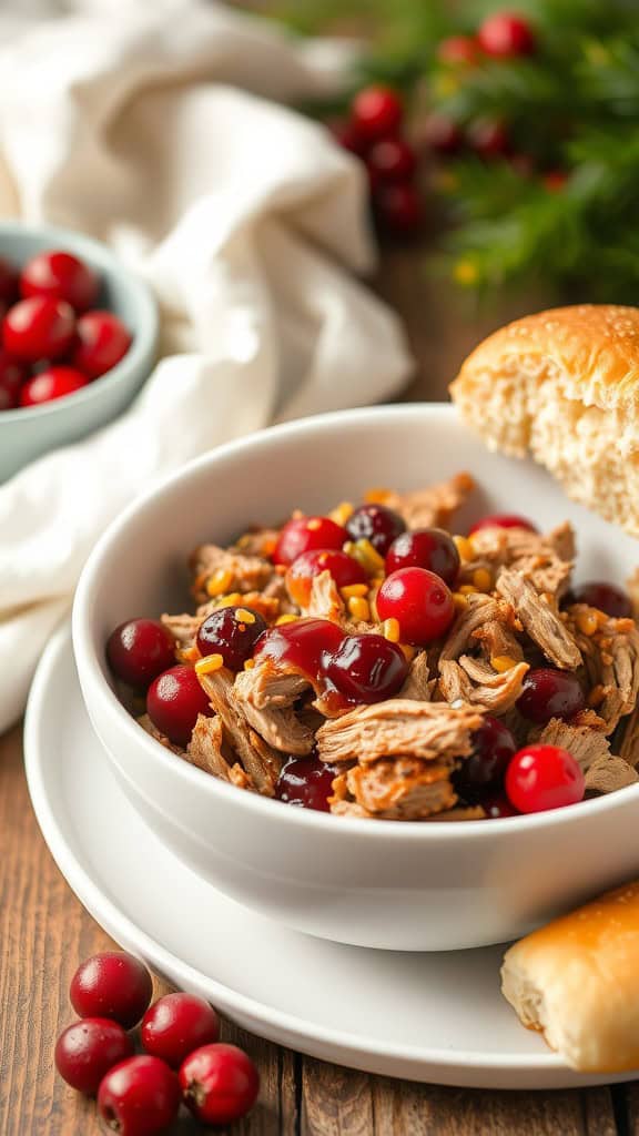 A bowl of cranberry orange pulled pork with cranberries and a bun on the side