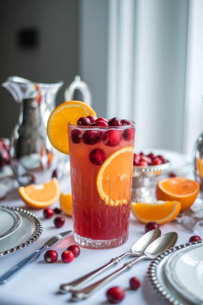 A refreshing glass of cranberry orange soda cooler with fresh cranberries and orange slices.