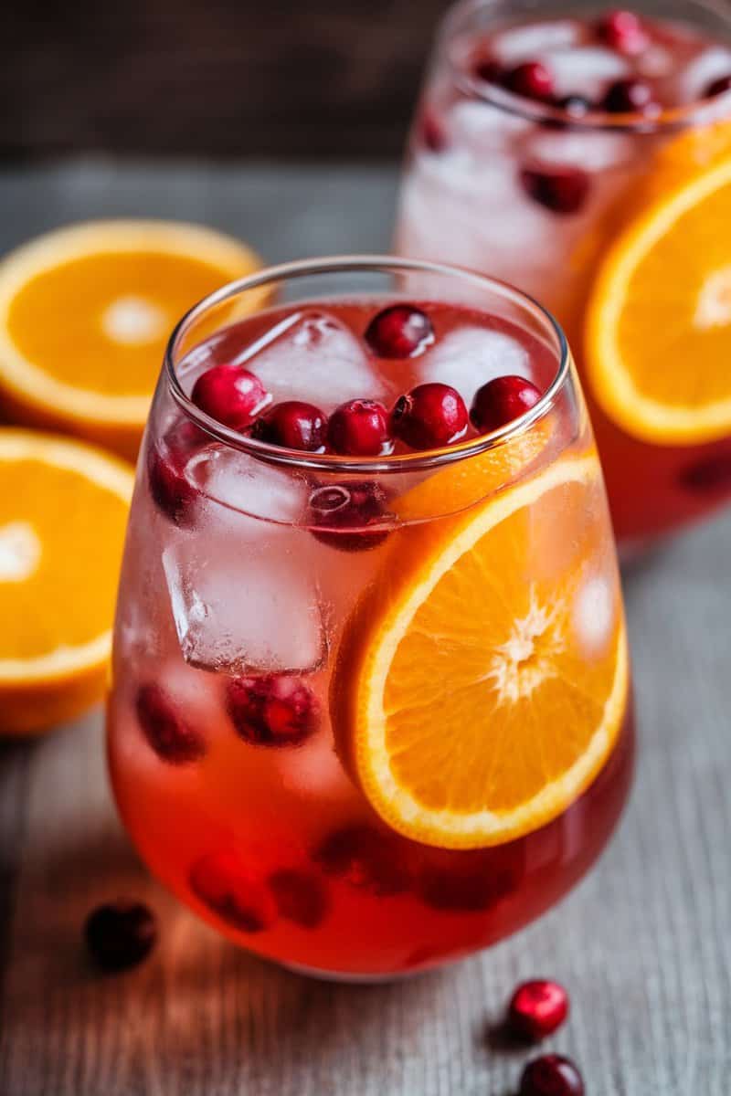 Cranberry Orange Spritzer in glasses with oranges and cranberries