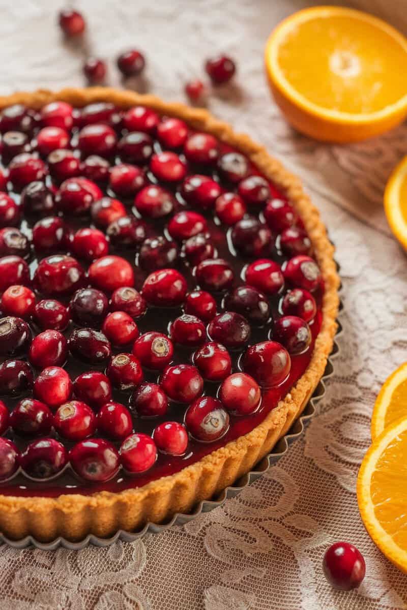 A delicious cranberry orange tart topped with fresh cranberries and served with orange slices.