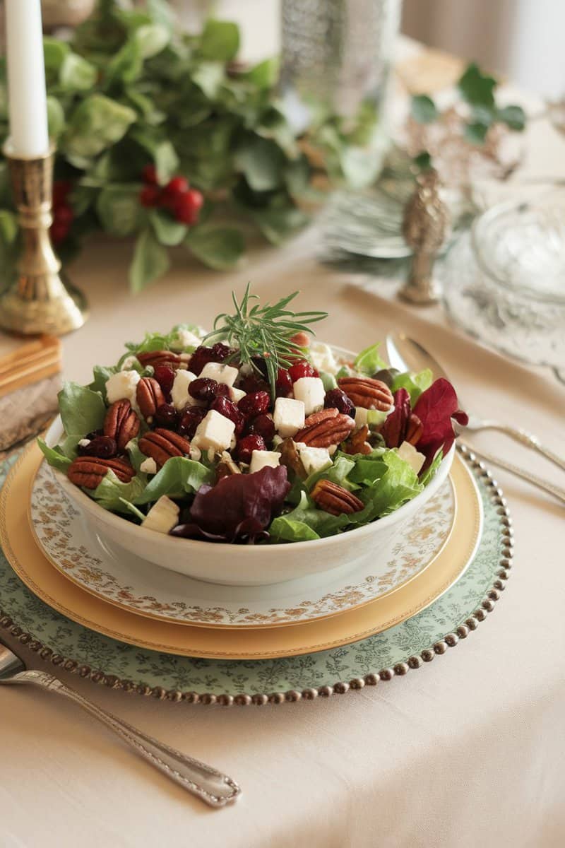 A beautifully arranged Cranberry Pecan Salad with Feta on an elegant table setting