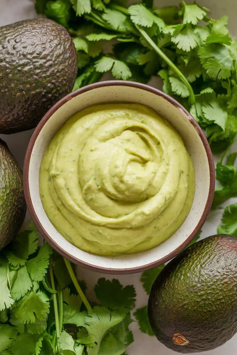 A bowl of creamy avocado cilantro marinade surrounded by fresh avocados and cilantro leaves