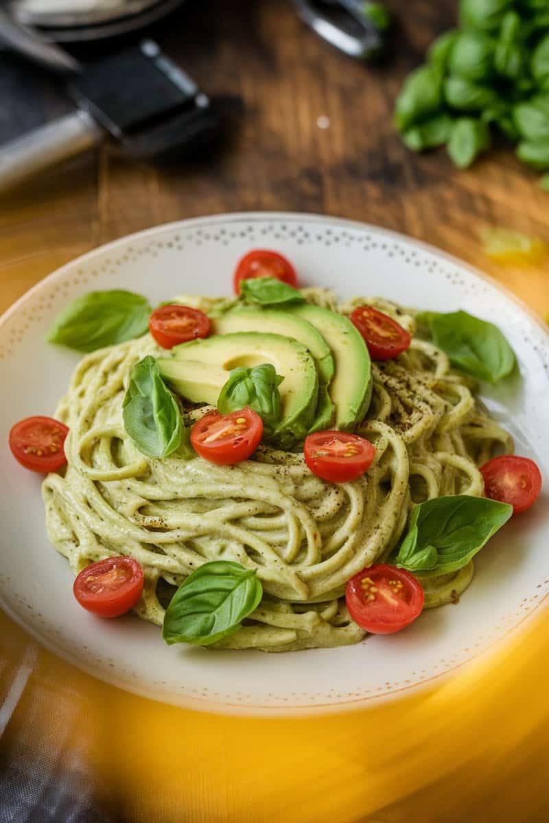 Creamy avocado pasta topped with cherry tomatoes and basil