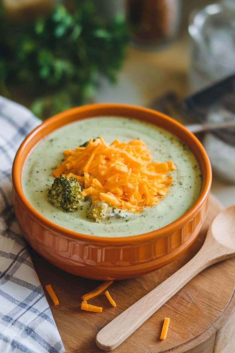 Bowl of creamy broccoli and cheddar soup topped with shredded cheese