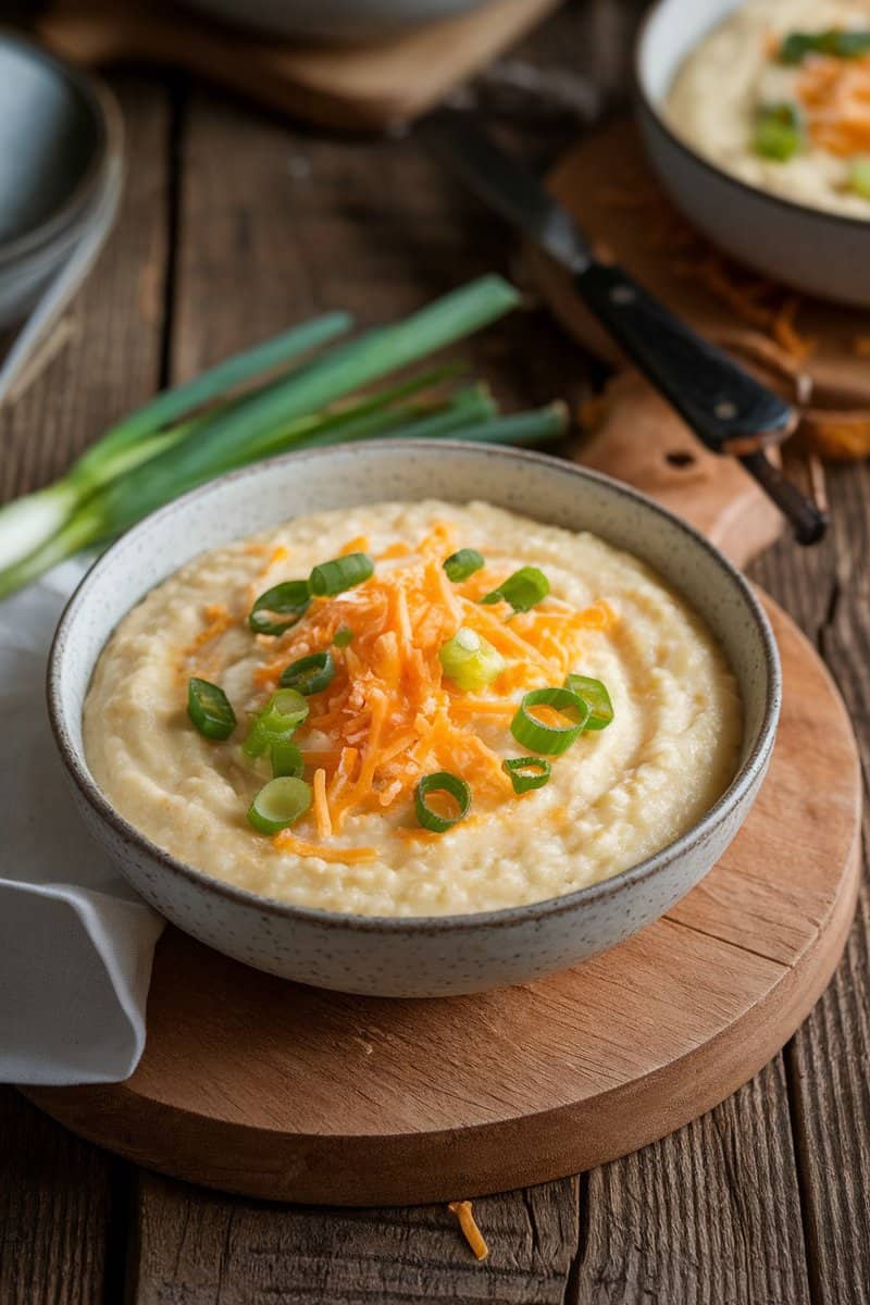 Bowl of creamy cheddar grits topped with green onions