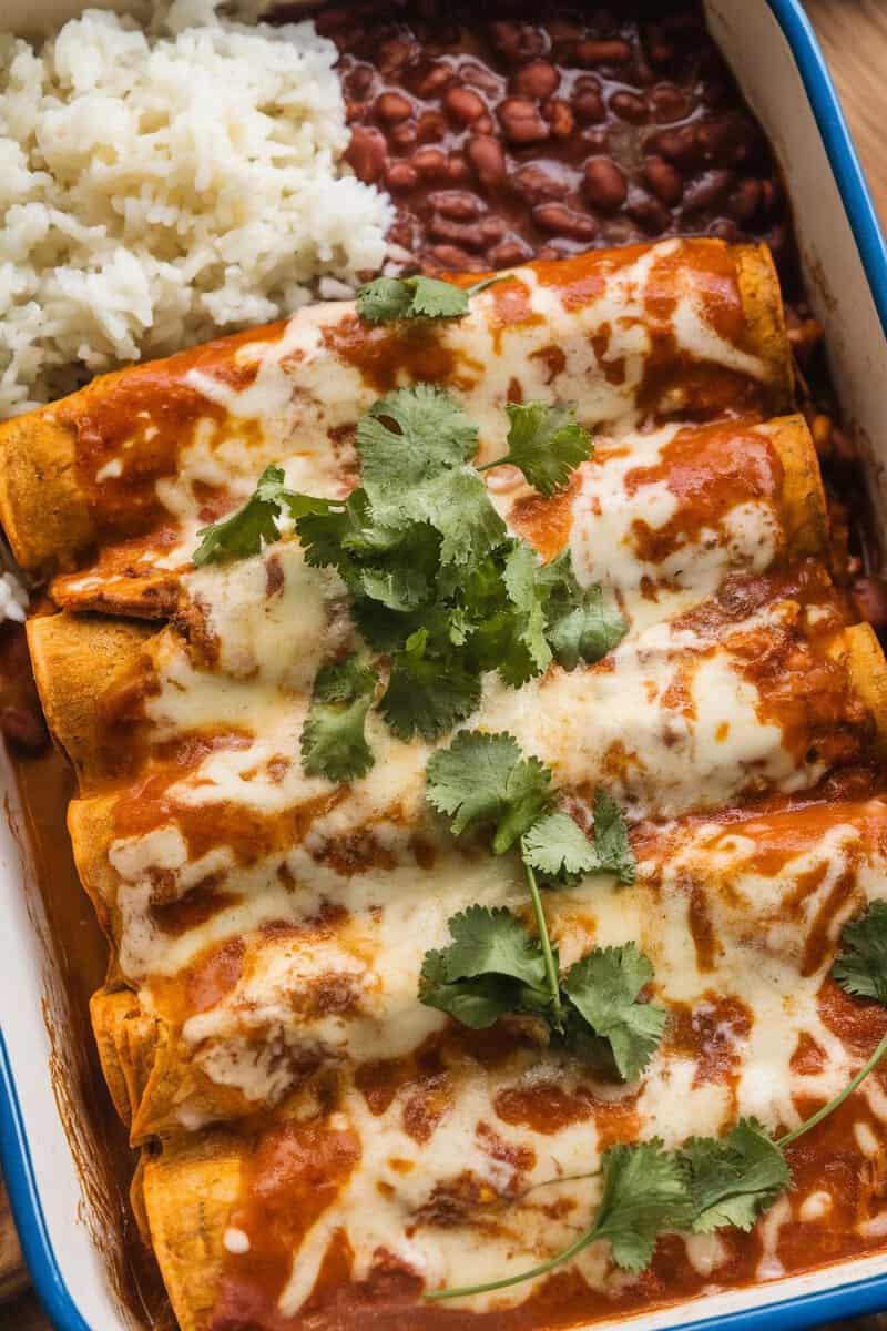 A delicious serving of creamy chicken enchiladas with rice and beans, topped with cilantro.