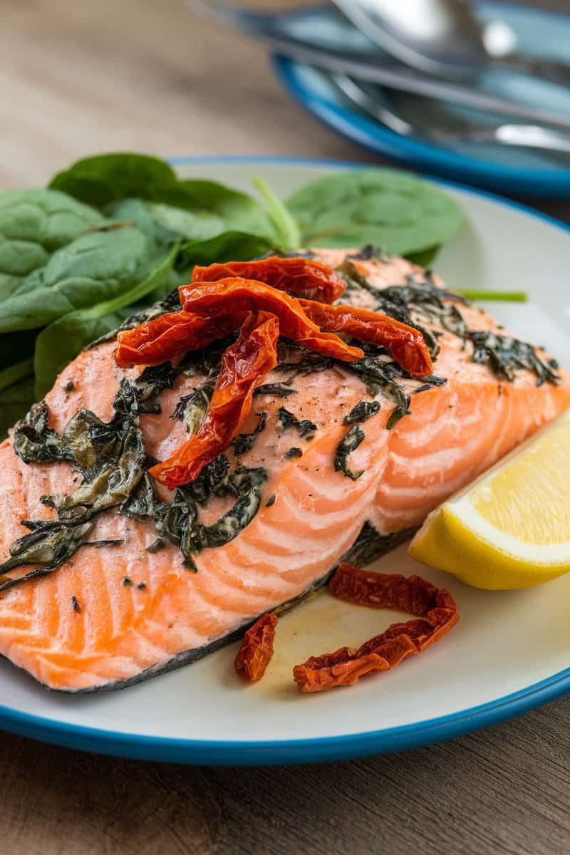 Plate of creamy garlic Tuscan salmon with spinach and sun-dried tomatoes