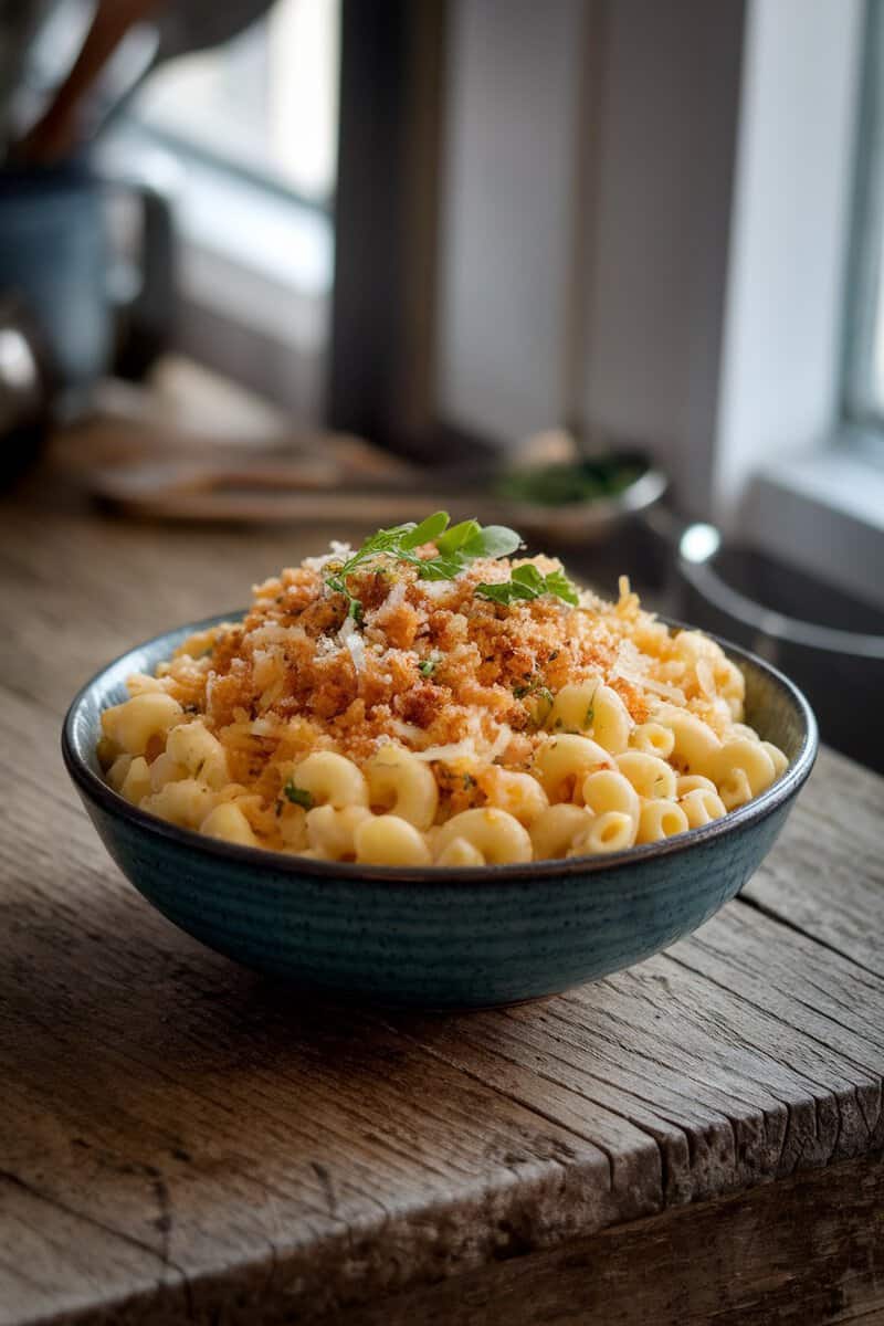 A bowl of creamy macaroni and cheese topped with breadcrumbs on a wooden table.