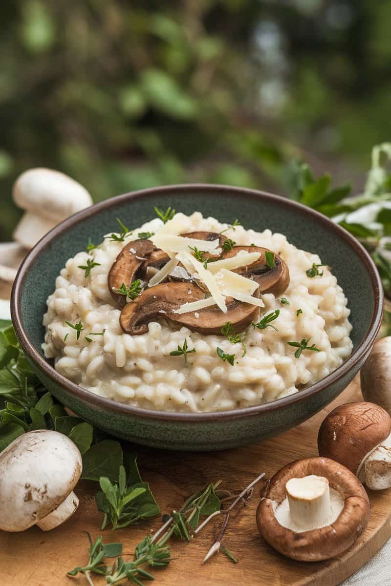 A bowl of creamy mushroom risotto topped with herbs and mushrooms