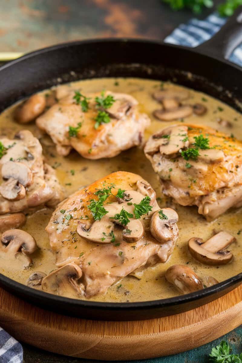 Creamy mushroom chicken thighs in a skillet