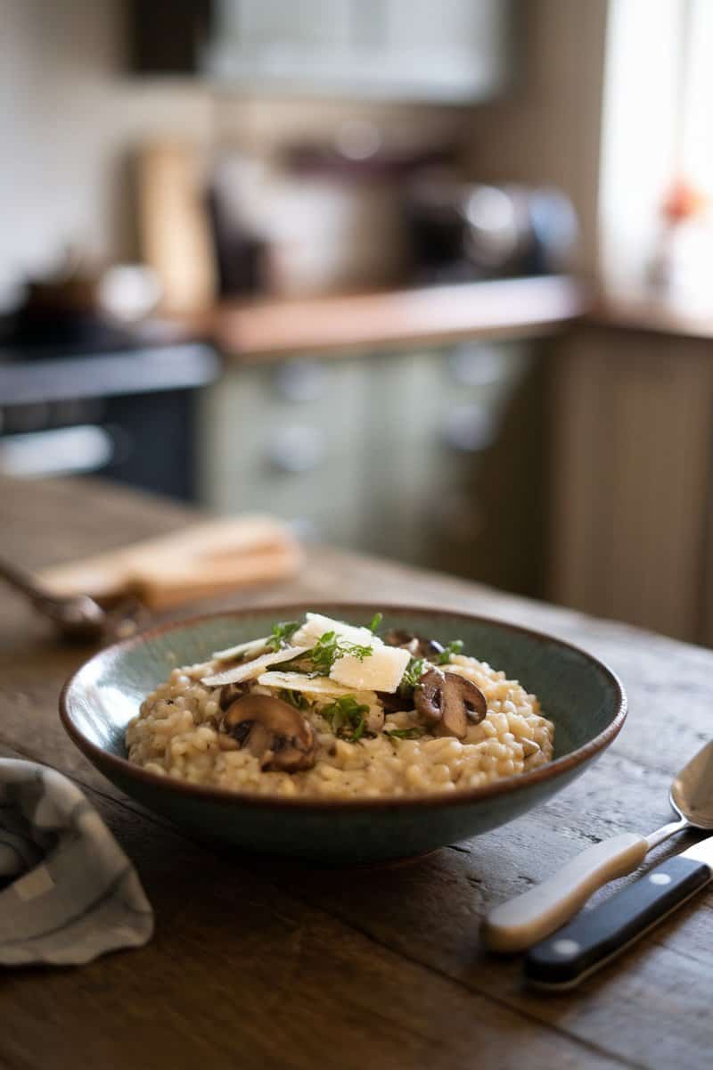 A bowl of creamy mushroom risotto topped with mushrooms and herbs on a rustic wooden table.