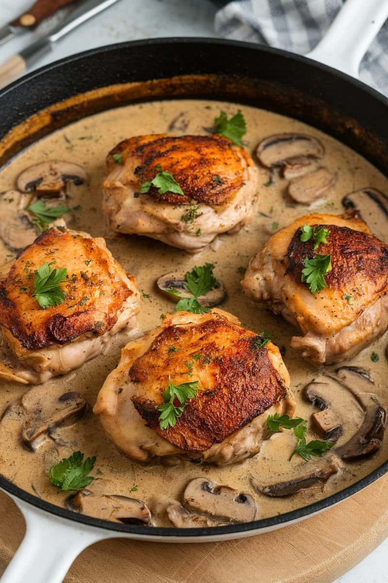 Pan-seared skinless boneless chicken thighs in creamy mushroom sauce