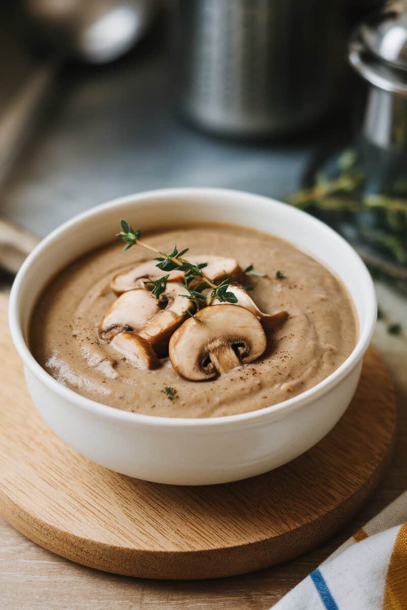 A bowl of creamy mushroom soup garnished with sliced mushrooms and thyme.