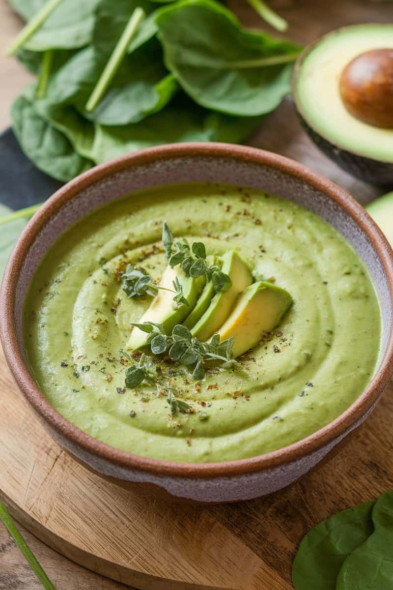 Bowl of creamy spinach and avocado soup with avocado slices on top