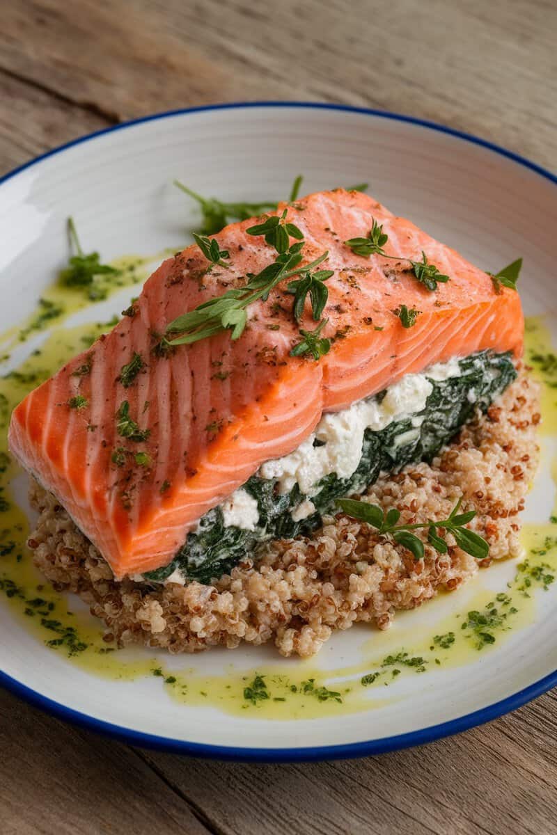 Creamy spinach and feta stuffed salmon served with quinoa and herbs.