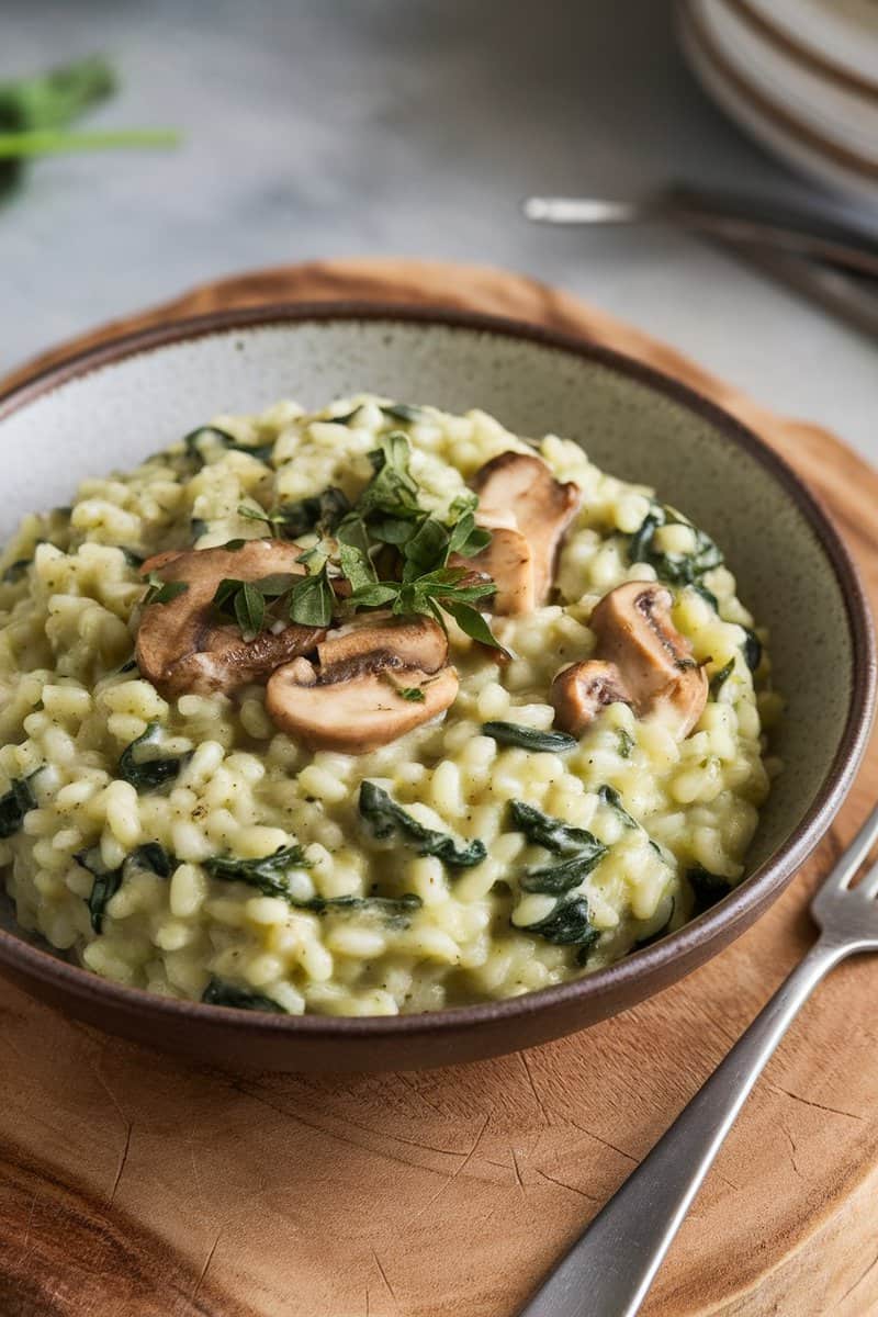 Bowl of creamy spinach and mushroom risotto garnished with herbs