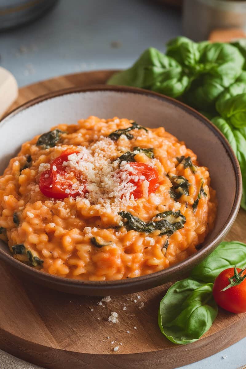 A bowl of creamy tomato and spinach risotto garnished with cherry tomatoes and cheese.