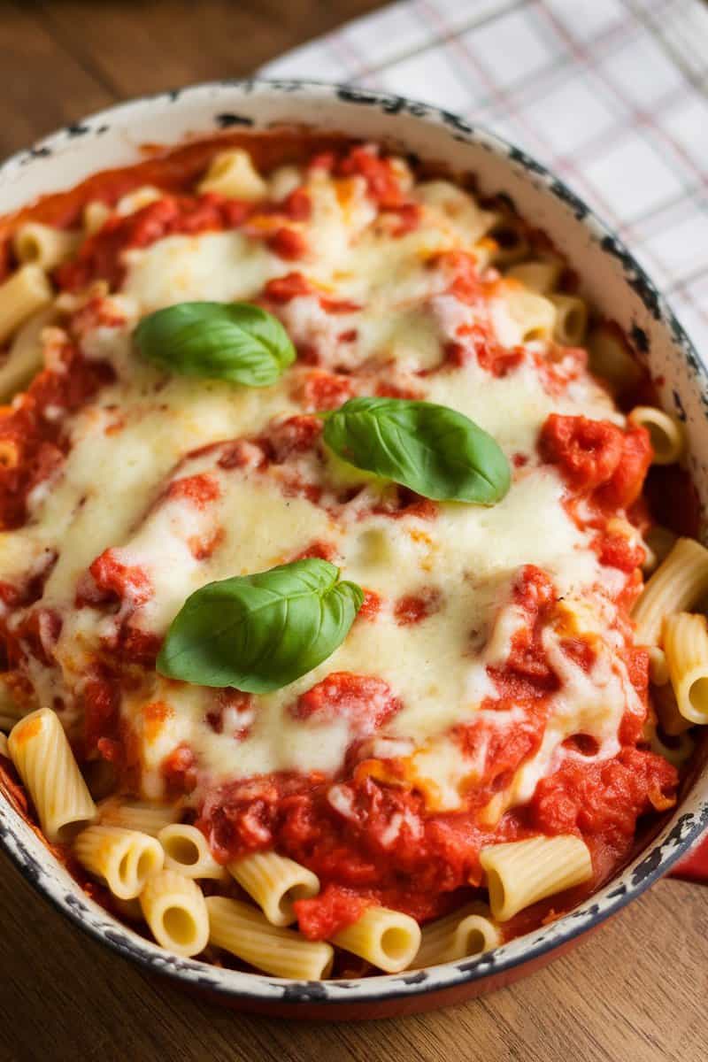 Baked pasta with creamy tomato sauce and melted cheese, garnished with basil leaves.