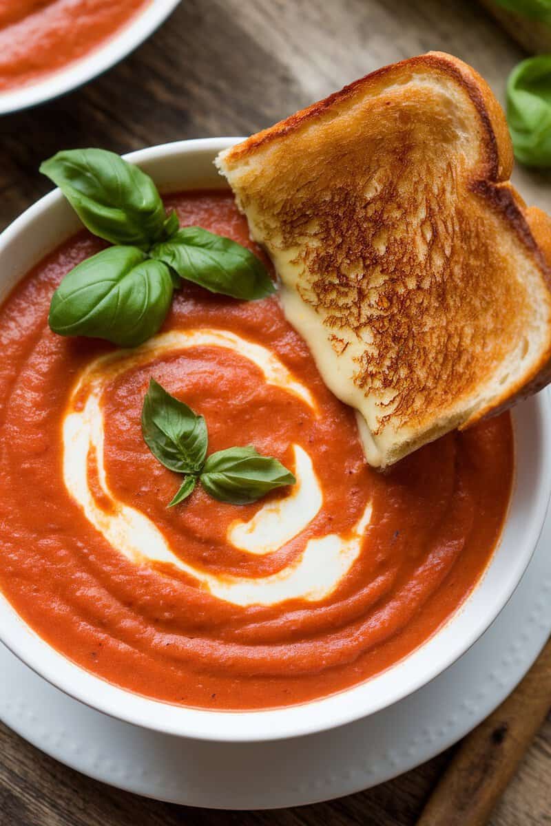 A bowl of creamy tomato basil soup with a swirl of cream and a slice of toasted bread.