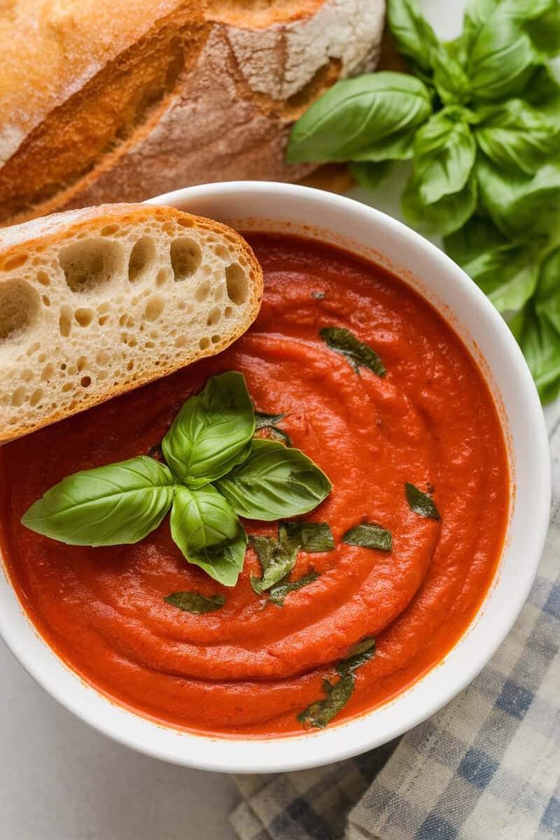 Creamy tomato basil soup with fresh basil and bread.