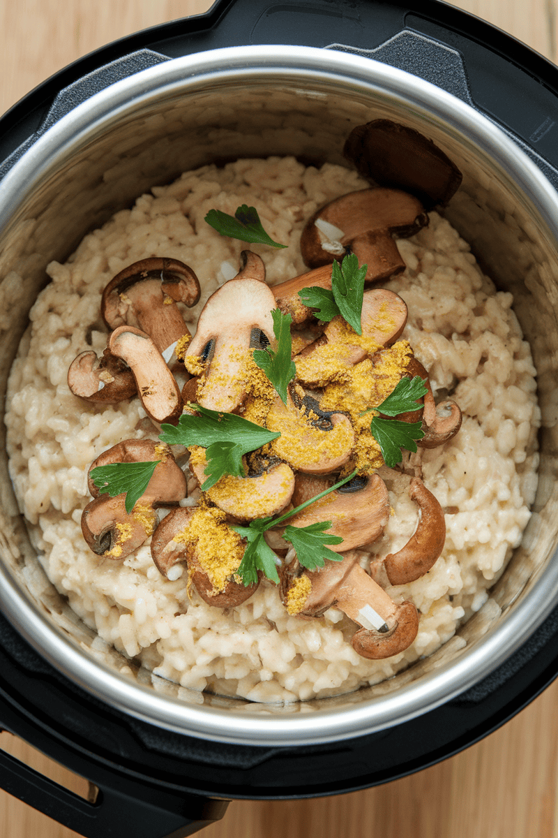 A creamy vegan mushroom risotto in an Instant Pot, topped with fresh mushrooms and parsley.