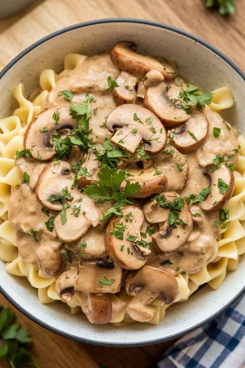 A bowl of creamy vegan mushroom stroganoff served over pasta with parsley.