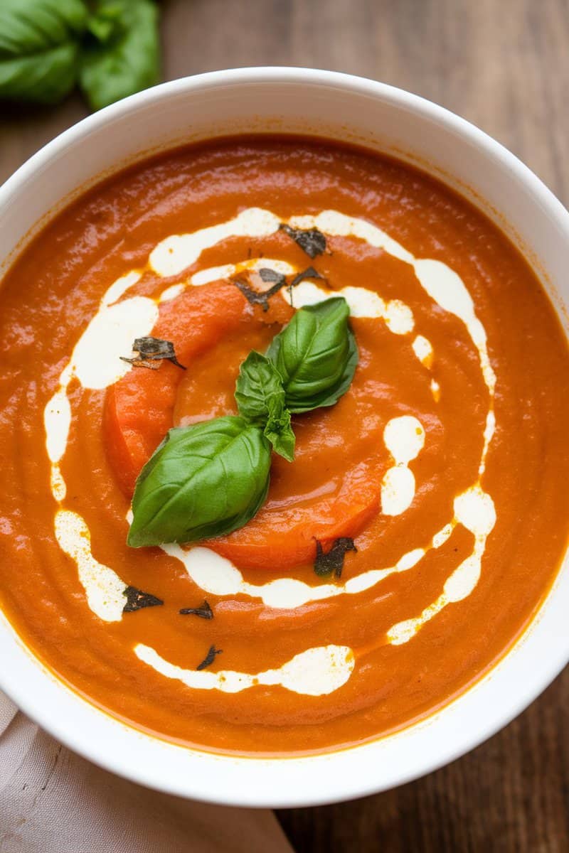 Creamy yellow tomato basil soup garnished with basil leaves.