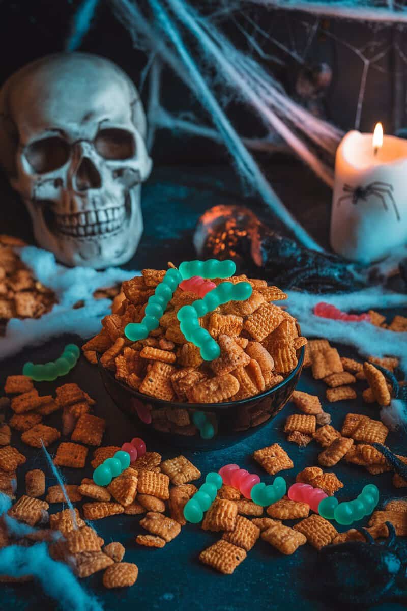 Creepy Crawly Chex Mix with gummy worms in a spooky Halloween setting