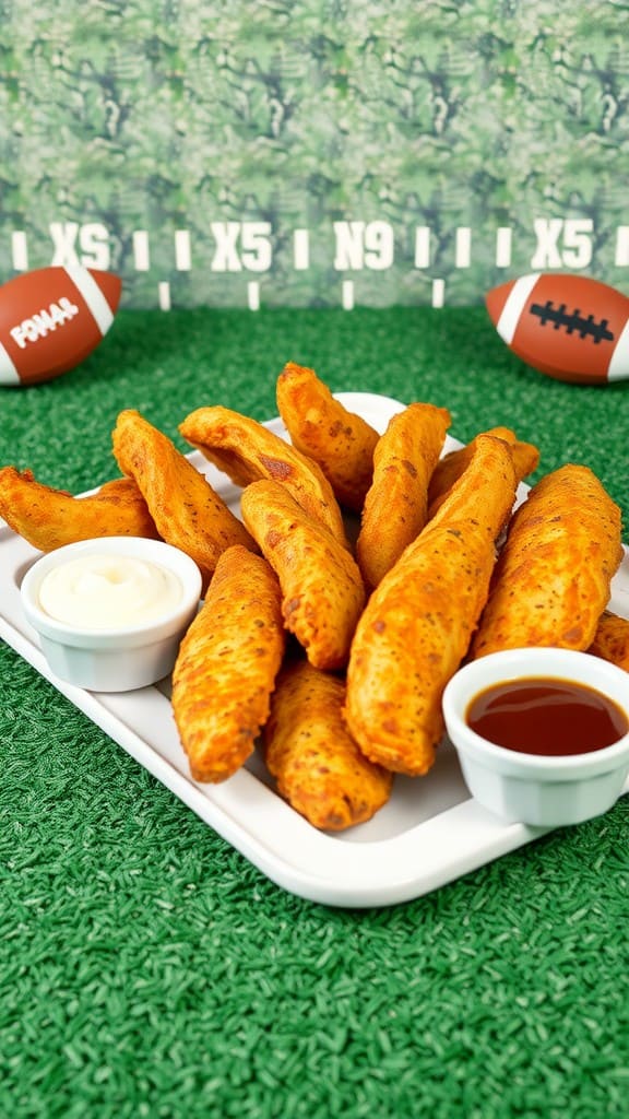 A platter of crispy baked chicken tenders with dipping sauces