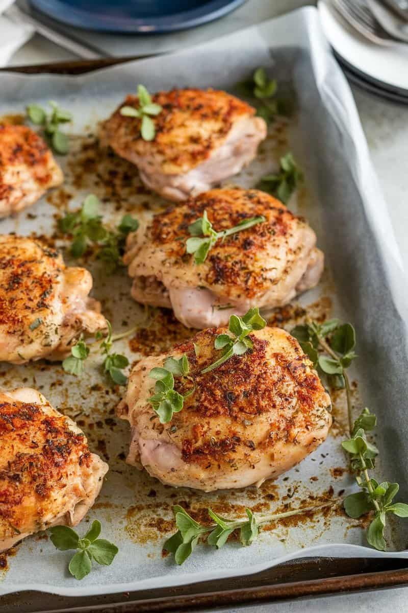 Crispy baked skinless boneless chicken thighs on a tray