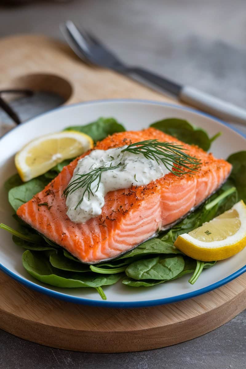 Crispy baked salmon fillet on a bed of spinach with dill sauce and lemon slices