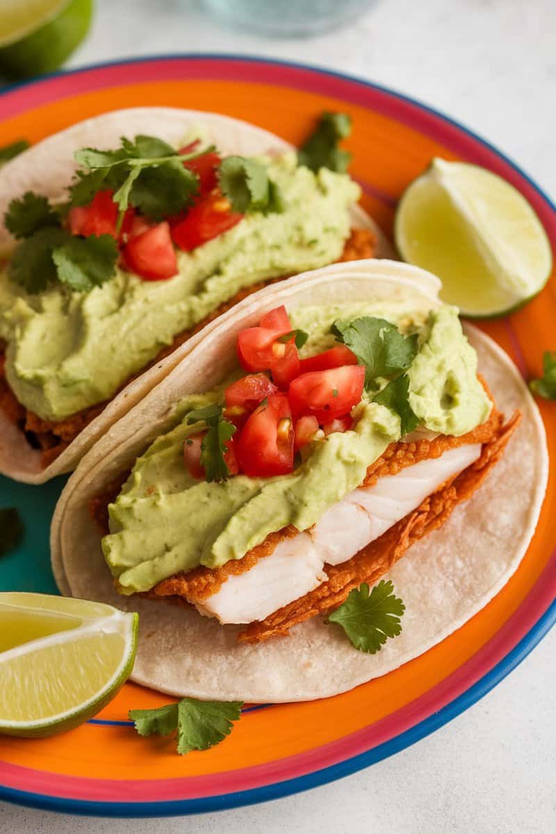 Crispy fish tacos topped with avocado crema, diced tomatoes, and cilantro on a colorful plate.