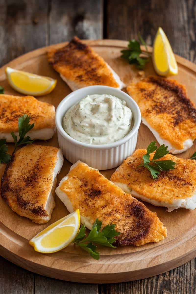 Crispy flounder fillets served with remoulade sauce and lemon wedges.